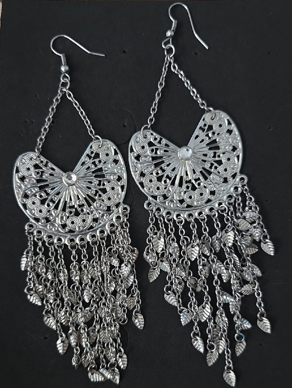 Silver Filigree Leaf Fringe Dangle Earrings - Women Jewelry